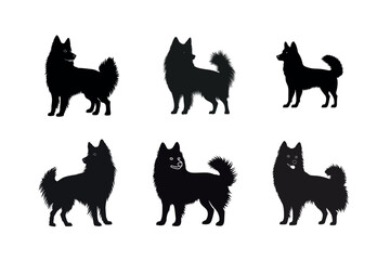 Six black dog silhouettes different poses