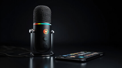 A sleek studio microphone resting next to a smartphone. The microphone is black with a multicolored light. The scene is dark and professional.