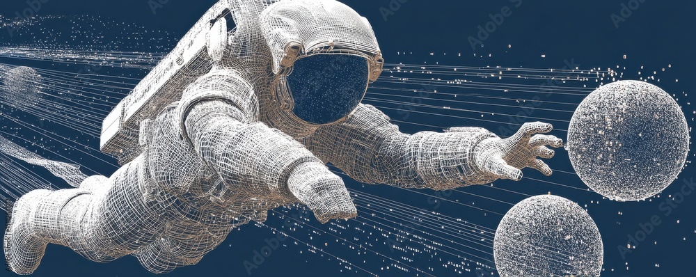 Aufkleber wireframe astronaut in cosmic setting reaching for spheres in deep space