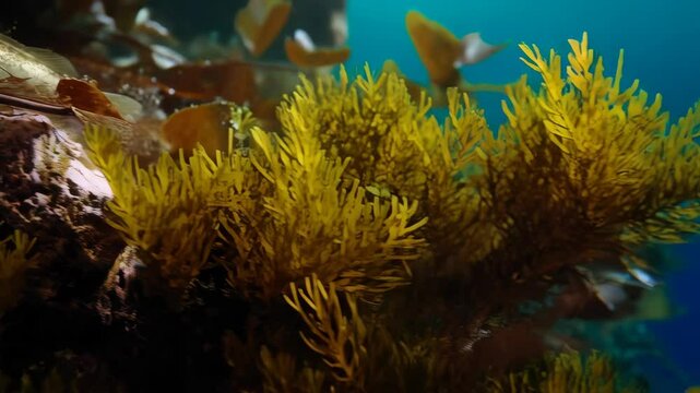 Lingcod resting among rocks and seaweed underwater in the ocean environment, showcasing marine wildlife in its natural habitat.