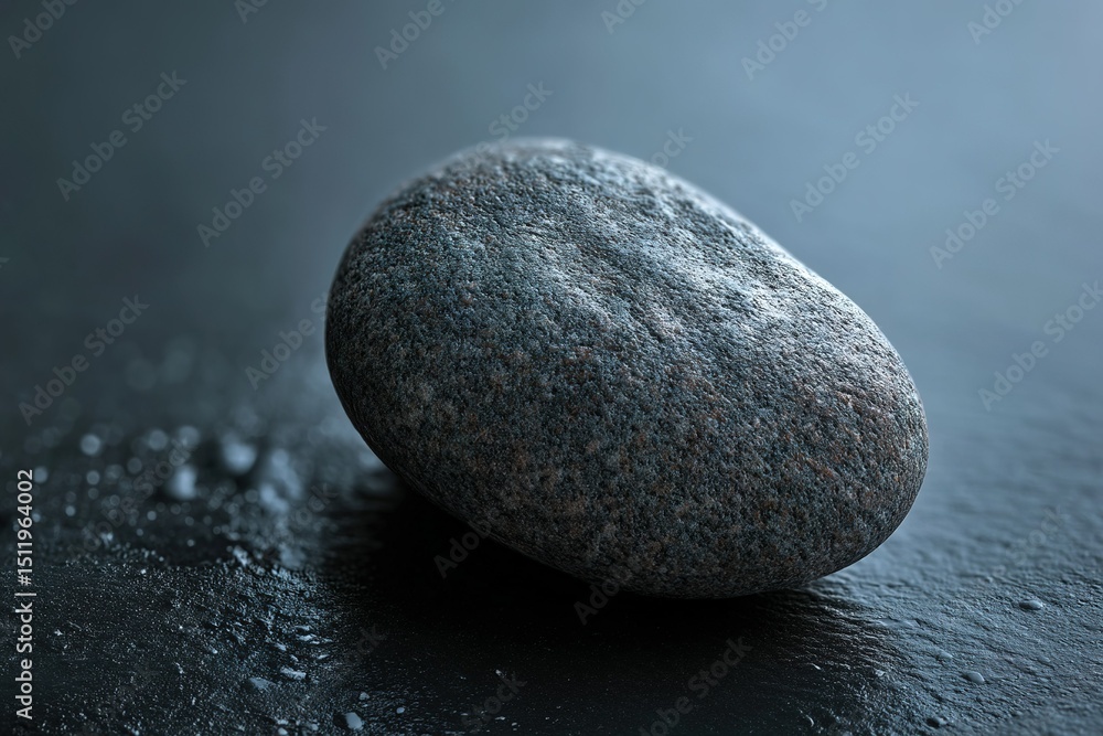 Poster smooth gray stone resting on a dark surface with soft light creating subtle reflections