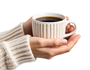 Hand Holding Coffee Cup with Visible Sweater Sleeve, Cozy Winter Mood, Isolated on Transparent Background