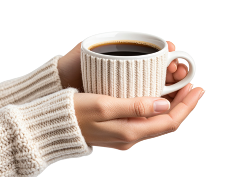 Hand Holding Coffee Cup with Visible Sweater Sleeve, Cozy Winter Mood, Isolated on Transparent Background