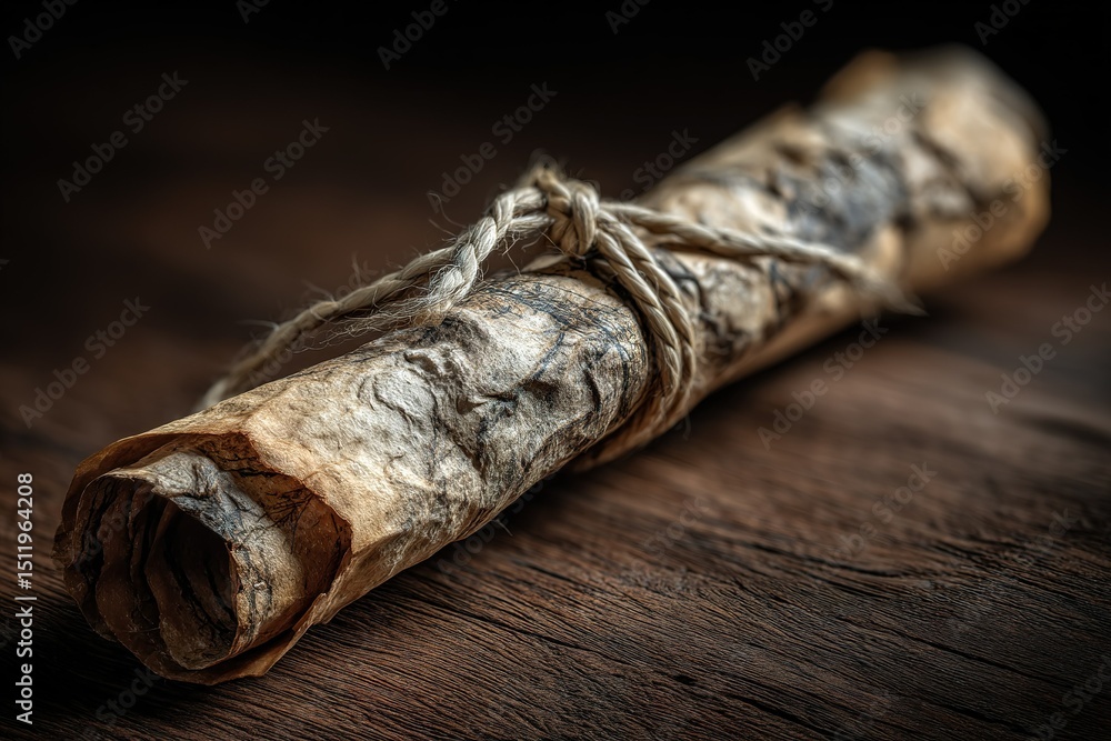 Poster ancient scroll resting on a wooden table showcasing its aged texture and rustic appeal