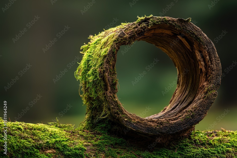 Poster wooden log with moss forming a circular shape in a serene forest setting during daylight hours