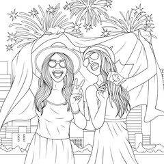 Vector illustration, two girls at a party with a canadian flag