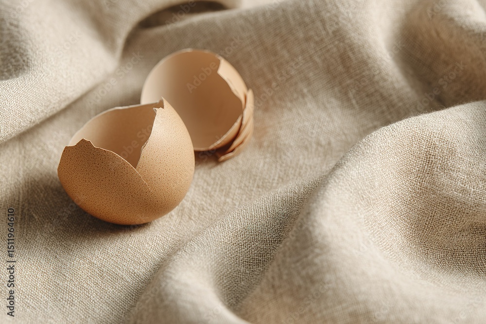 Aufkleber broken eggshells resting on a soft fabric surface create a serene and natural setting in a kitchen e