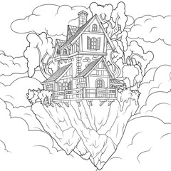 Vector illustration, old house on a flying island