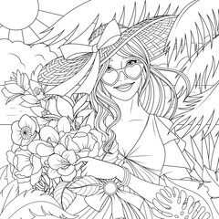 Vector illustration, beautiful girl in a hat with flowers on the beach
