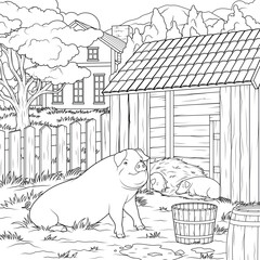 Vector illustration, farm with pigs