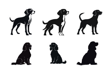 Six dog silhouettes standing and sitting