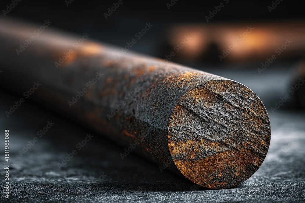 Poster rusty metal rod resting on a dark textured surface with a blurred background highlighting aging and 