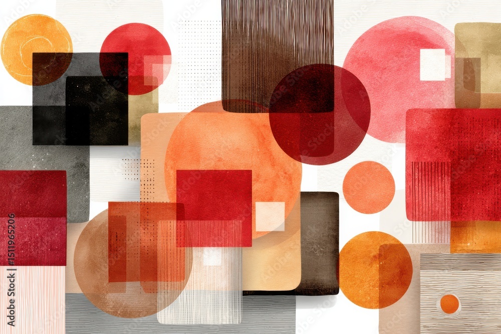 Poster abstract artwork featuring overlapping circles and squares with warm colors