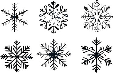 Set of Six Hand Drawn Black Snowflakes on White Background Winter Holiday Decoration Christmas and New Year Design Element Vector Illustration