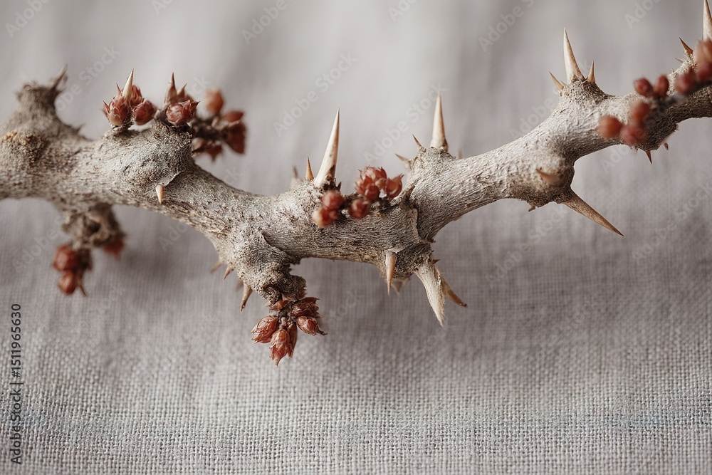 Aufkleber unique dry branch with sharp thorns and buds on textured fabric background captured in natural light