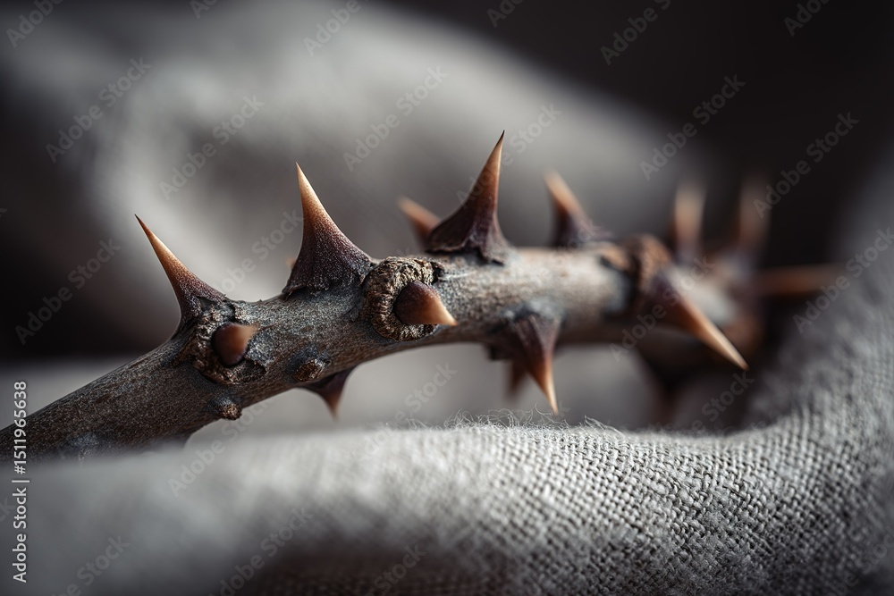 Poster thorny branch lying on textured fabric with soft shadows and highlights in a dimly lit setting