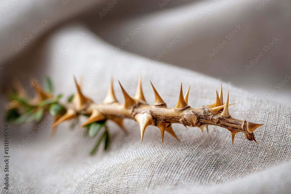 Aufkleber sharp thorns with green leaves arranged on textured fabric background in a close-up view during soft