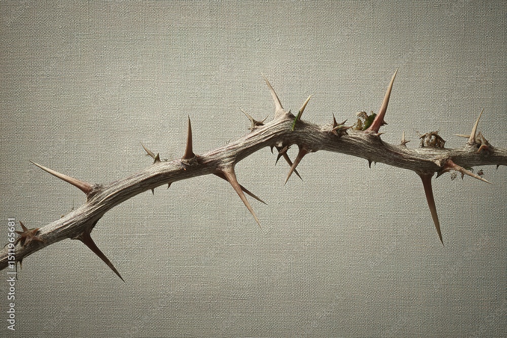 Aufkleber thorny branch with sharp spikes against a textured background in neutral tones