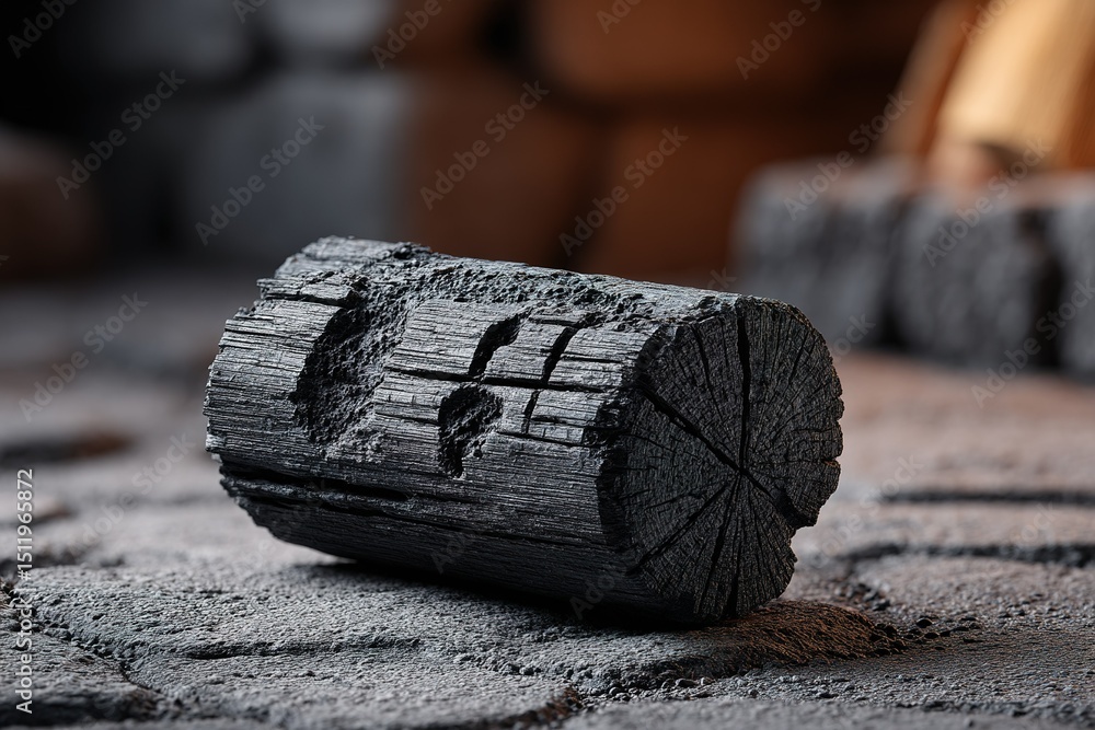 Aufkleber charcoal log resting on textured surface with rustic background during warm evening light in a cozy 