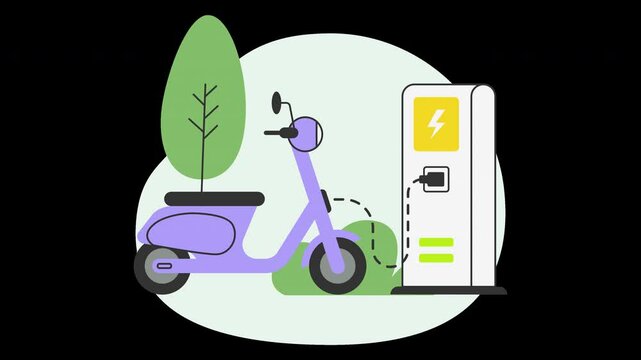 Animation of an Electric scooter being charged at a station with eco-friendly background. Great for apps and platforms related to micro-mobility. Transparent Background