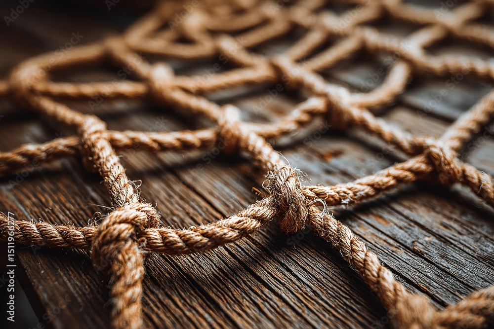 Poster rope net crafted from natural fibers displayed on a wooden surface, showcasing detailed weaving and 