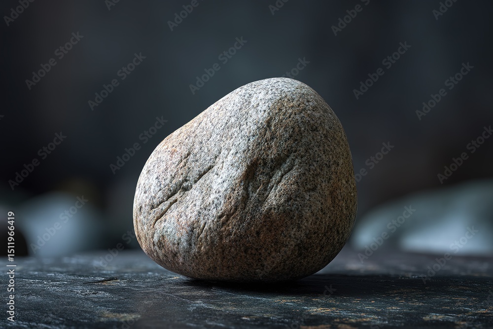 Poster unique smooth stone resting on dark slate surface showcasing natural texture and color variations in