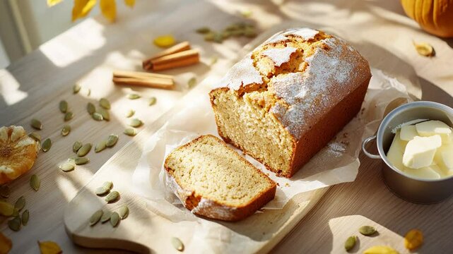 Freshly baked pumpkin bread with sliced loaf on a sunny wooden table.