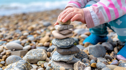 Child's Hands Carefully Stacking Stones into Elegant Pile, Soft Focus Ocean Background, Serene Coastal Activity