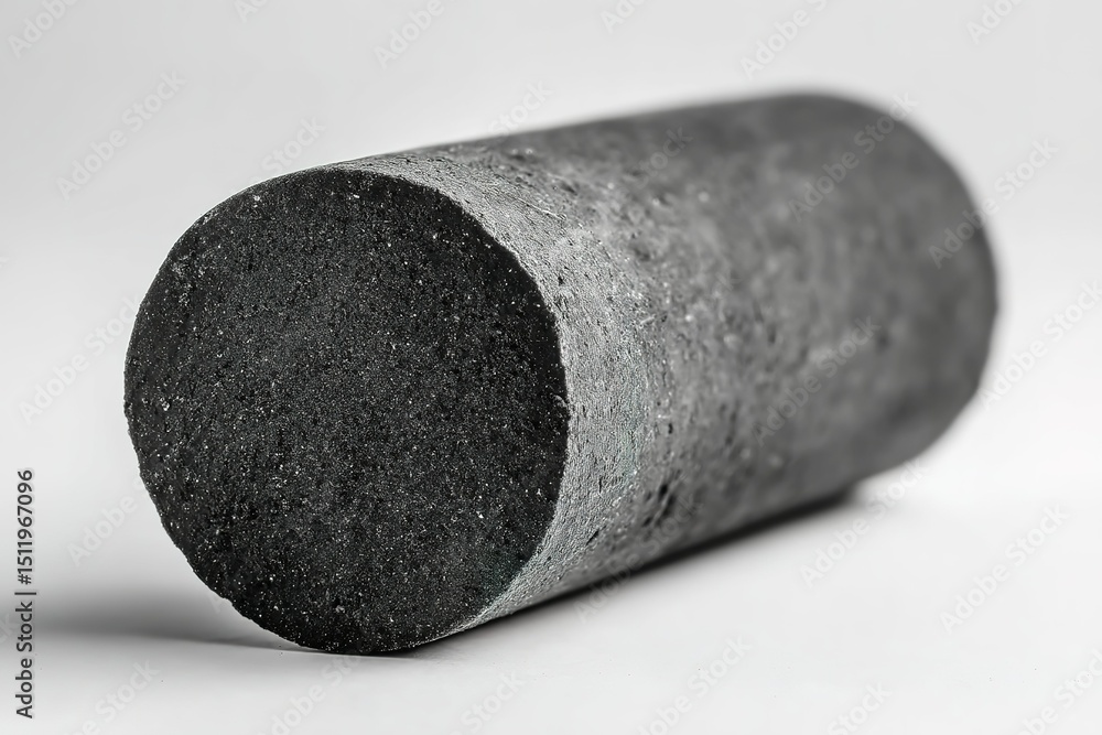 Poster unique cylindrical object made of dark material showcasing texture and shape in a minimalist setting