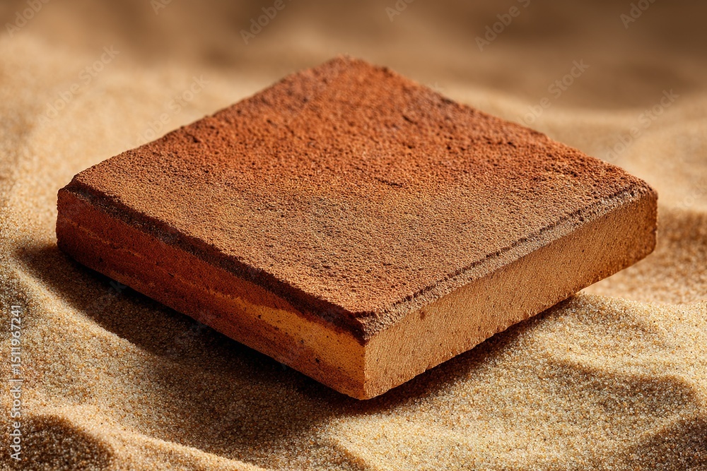 Poster unique rectangular sand-colored object resting on fine golden sand with soft shadows highlighting it