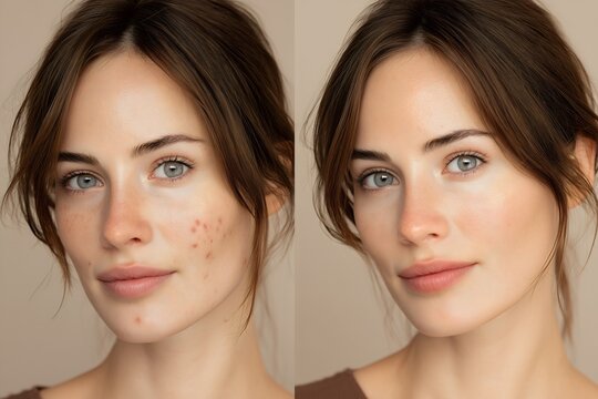 Woman before and after acne treatment showing facial skin improvement and clear complexion with natural lighting and minimal makeup.