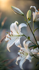 Fototapeta premium white lily flower, Elegant White Lilies: A Touch of Grace at Dusk