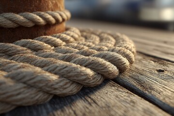 Fototapeta premium Rope coiled on weathered wooden dock at sunset reflecting warmth and serenity