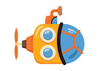 Bright bathyscaphe. Cute yellow submarine in cartoon style. Underwater transport. Vector illustration.