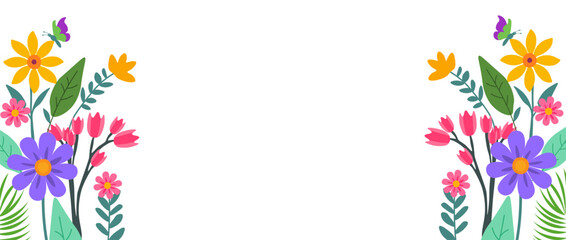 Vibrant Floral Frame with Butterflies. Colorful Spring Flower and Leaf Border, Perfect for Invitations, Greeting Cards, Nature Themes, and Event Decorations.