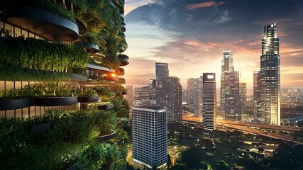 Urban skyscraper with vertical garden at sunset, cityscape view - Powered by Adobe