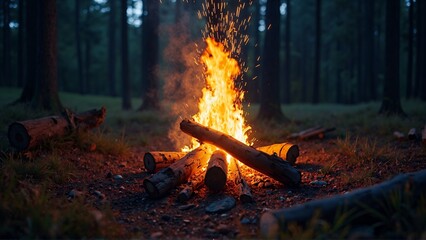 A campfire blazing brightly in the woods at night.