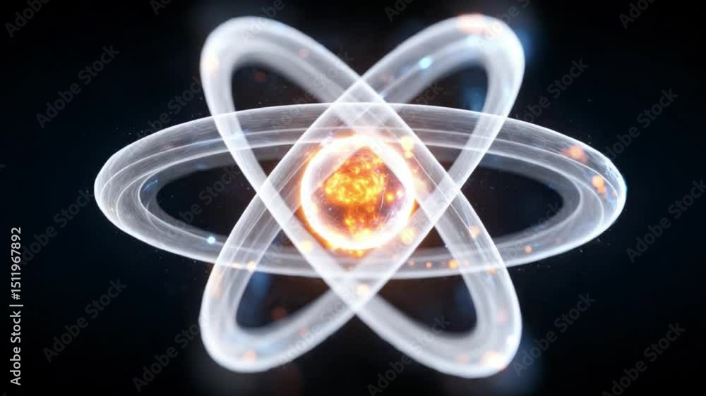 Poster stunning visualization of an atom with electrons orbiting a central nucleus in a dark background