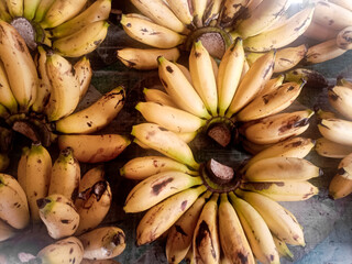 Showcase with ripe yellow bananas at outdoors market