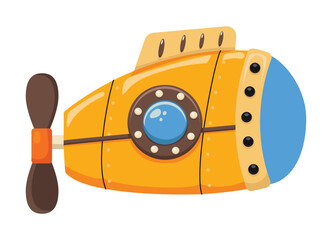 Bright bathyscaphe. Cute yellow submarine in cartoon style. Underwater transport. Vector illustration.