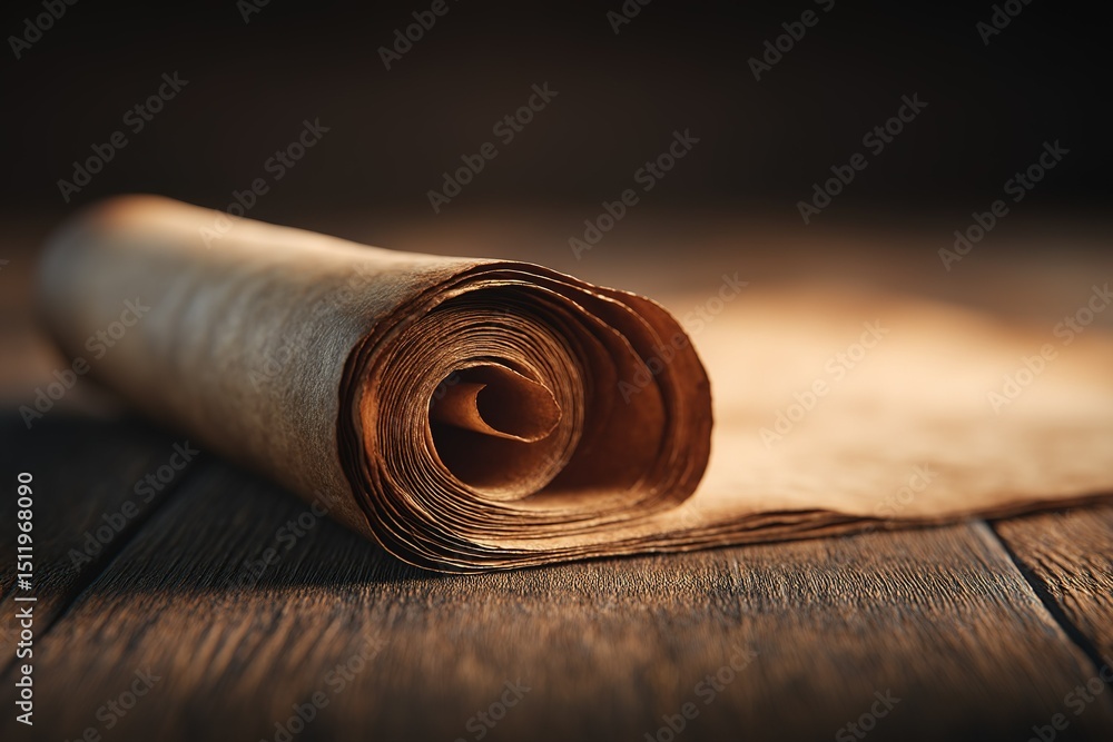 Poster old parchment roll resting on a wooden surface with soft lighting creating a warm atmosphere