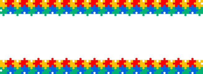 Vibrant Autism Awareness Puzzle Borders Colorful Jigsaw Pieces Forming Horizontal Frames, Symbolizing Neurodiversity, Acceptance, and World Autism Day.