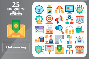 Outsourcing Flat Icon Set. Incleded Icons Scalable, Saving Money, Insurance, Product Design, Cost, Risk Management, Target, Promote. Vector Icons Collection