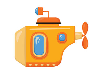 Bright bathyscaphe. Cute yellow submarine in cartoon style. Underwater transport. Vector illustration.