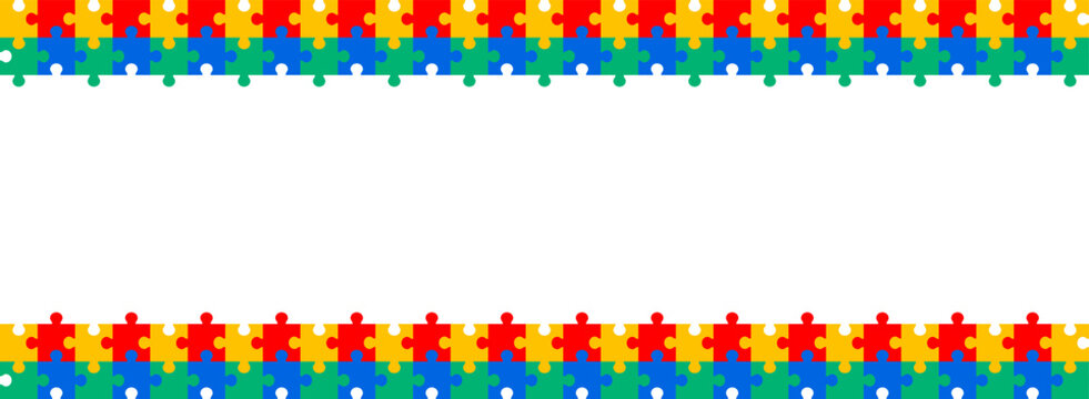 Vibrant Autism Awareness Puzzle Borders Colorful Jigsaw Pieces Forming Horizontal Frames, Symbolizing Neurodiversity, Acceptance, and World Autism Day.