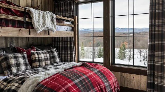 Rustic cabin bedroom with a mountain view