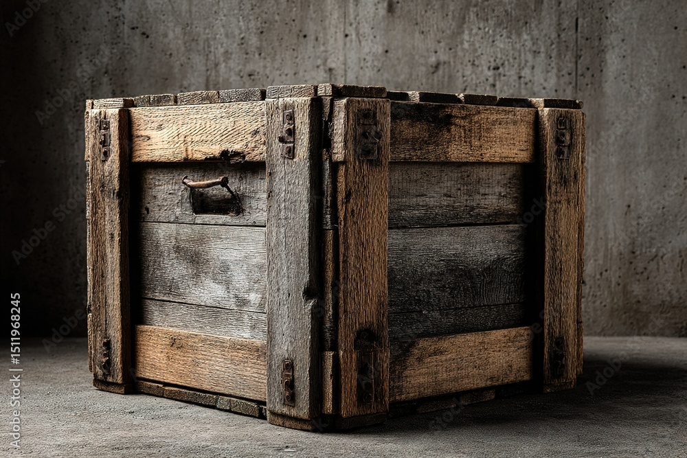 Poster rustic wooden crate with weathered finish in a minimalistic indoor setting showcasing craftsmanship 