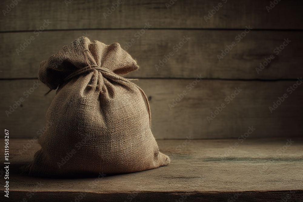 Aufkleber burlap bag resting on rustic wooden table in soft lighting creates a serene and moody atmosphere