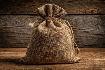 Fabric pouch with a drawstring resting on a rustic wooden surface in soft light