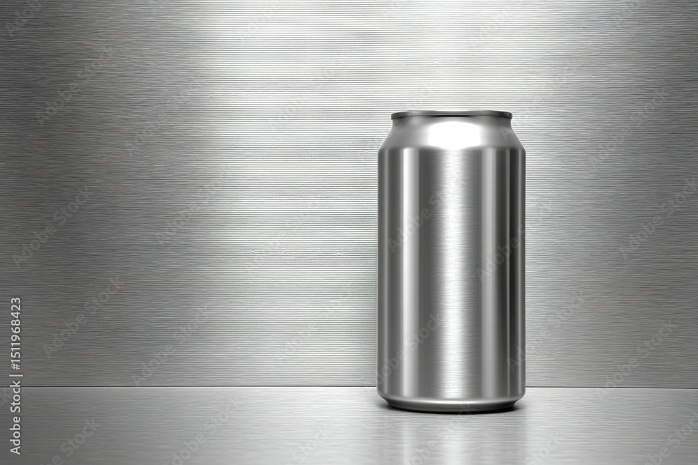 Poster metallic beverage can on a sleek, reflective surface in a modern setting illuminated by soft light